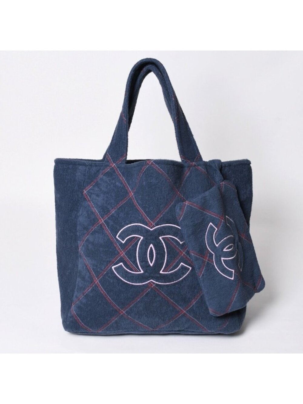 Chanel Coco Beach CC Logo Tote Bag Navy Pink Pile Fabric